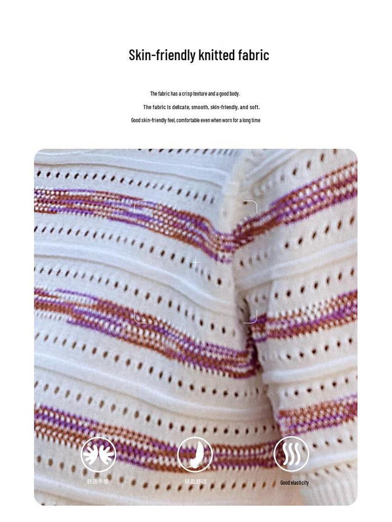Women's Striped Hollow-Out Knit Short Sleeve T-Shirt