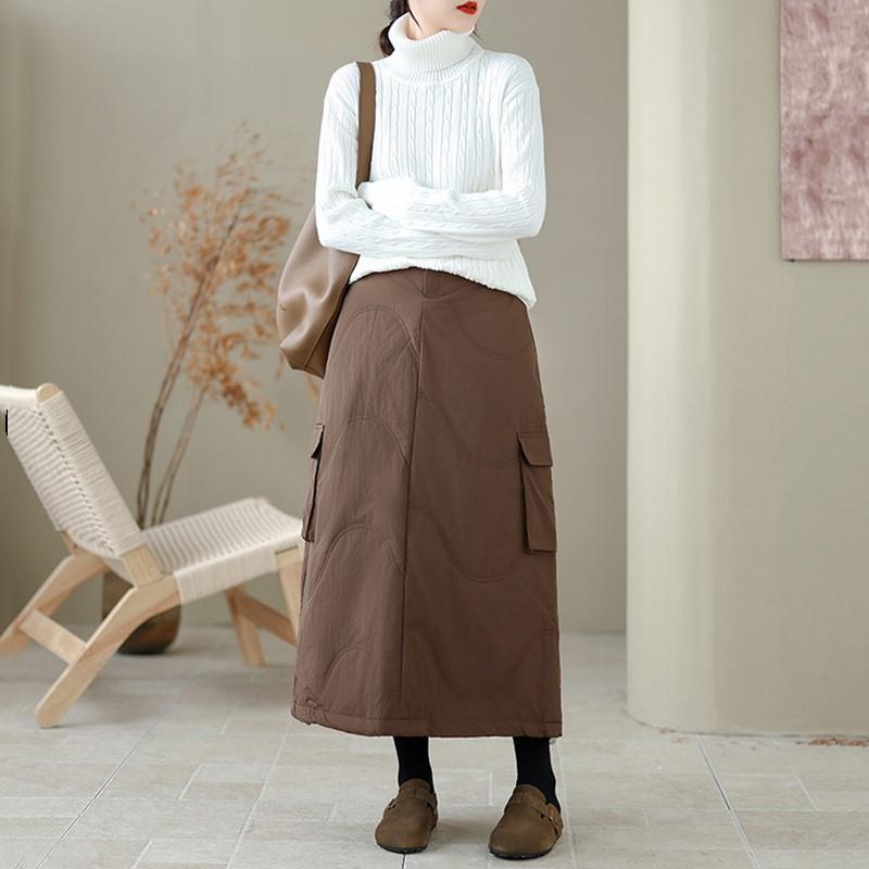 Faldas de algodón acolchadas de talla grande, de cintura alta, vintage, para primavera, otoño e invierno, informales, sueltas, largas, para mujer