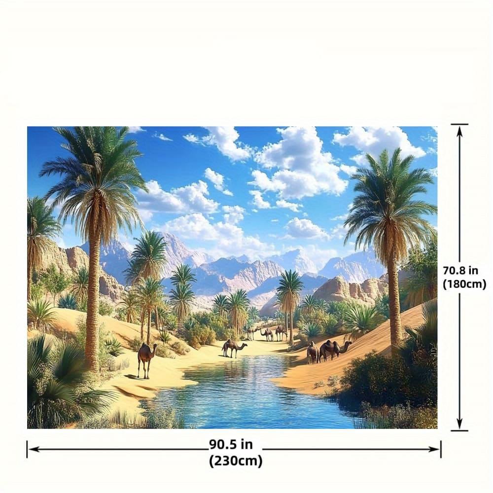 2D Plane Design, 1 Realistic Desert Oasis Photography Flag - Middle Eastern Landscape Painting, Featuring Camels