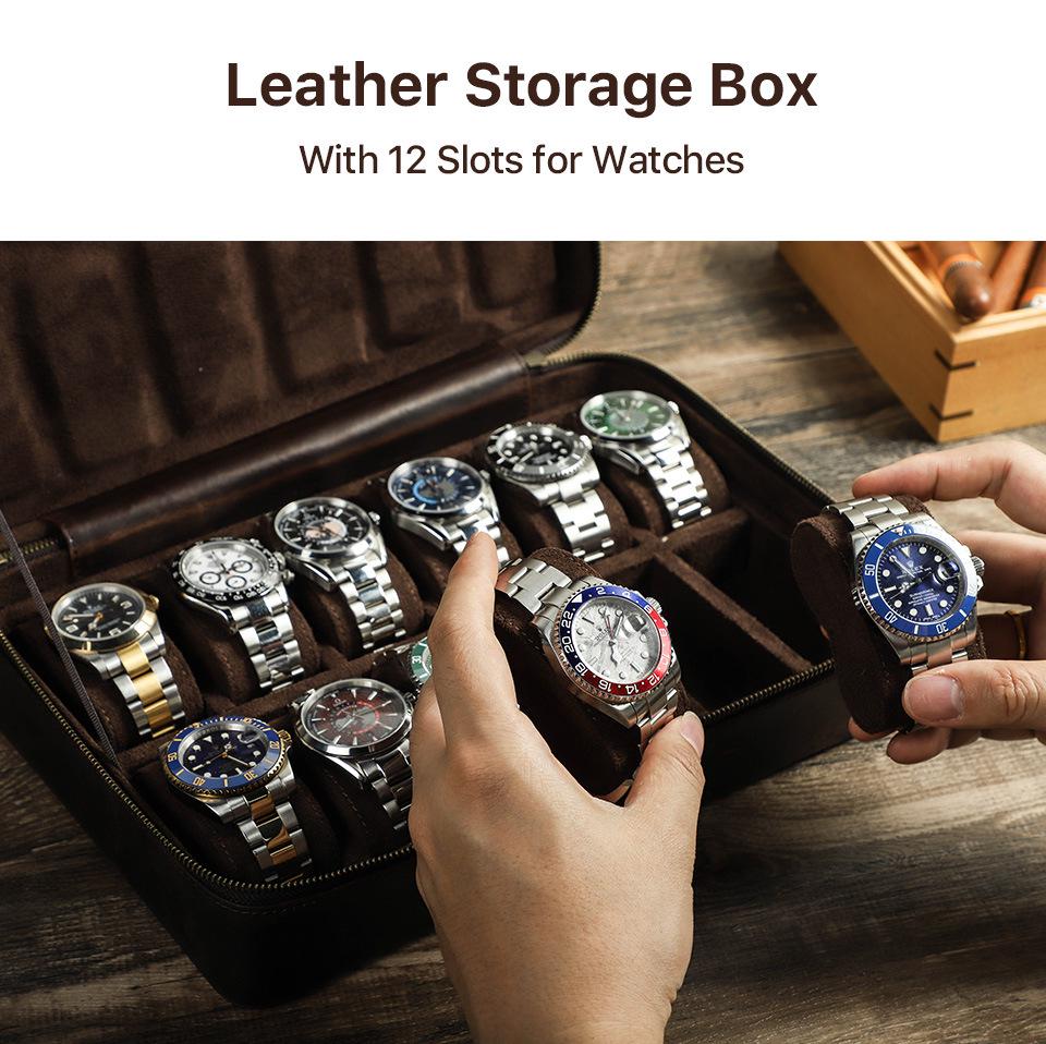 Handmade Crazy Horse Leather 12-Slot Watch Storage Box