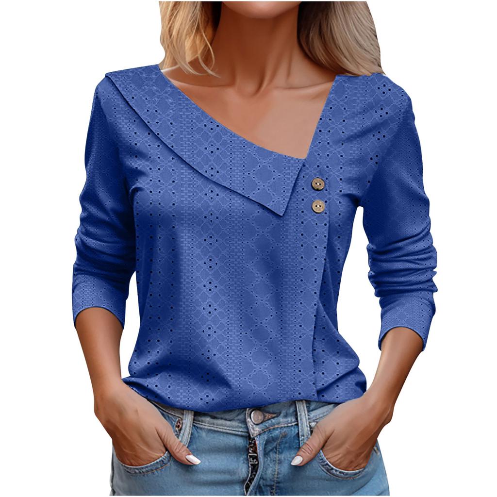 Women's Long Sleeve T-Shirt Asymmetrical V Neck Button Detail Hollow Out Texture Casual Commuter Daily Wear Solid Color Top