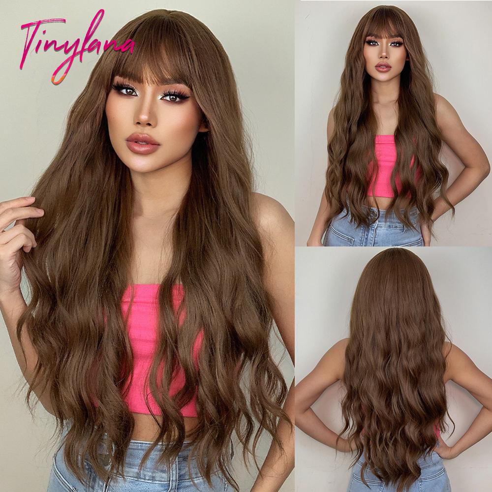 Lang Golvend Bordeaux Donkerrood Synthetisch Haar Pruiken met Pluizige Pony voor Vrouwen Wijnrood Body Wave Halloween Cosplay Natuurlijke pruik