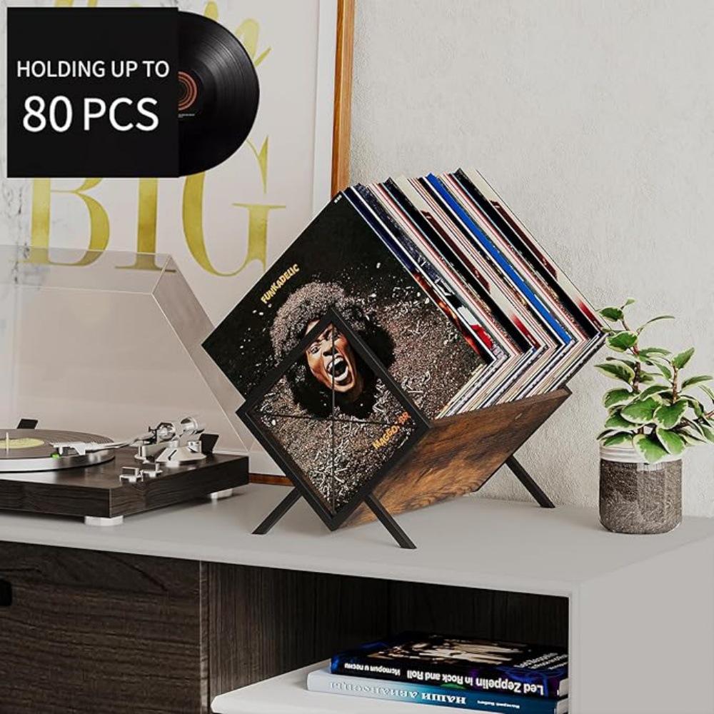 Ironwood Black Vinyl Record, CD, and Book Rack - Iron/Wood Combo Storage Shelf