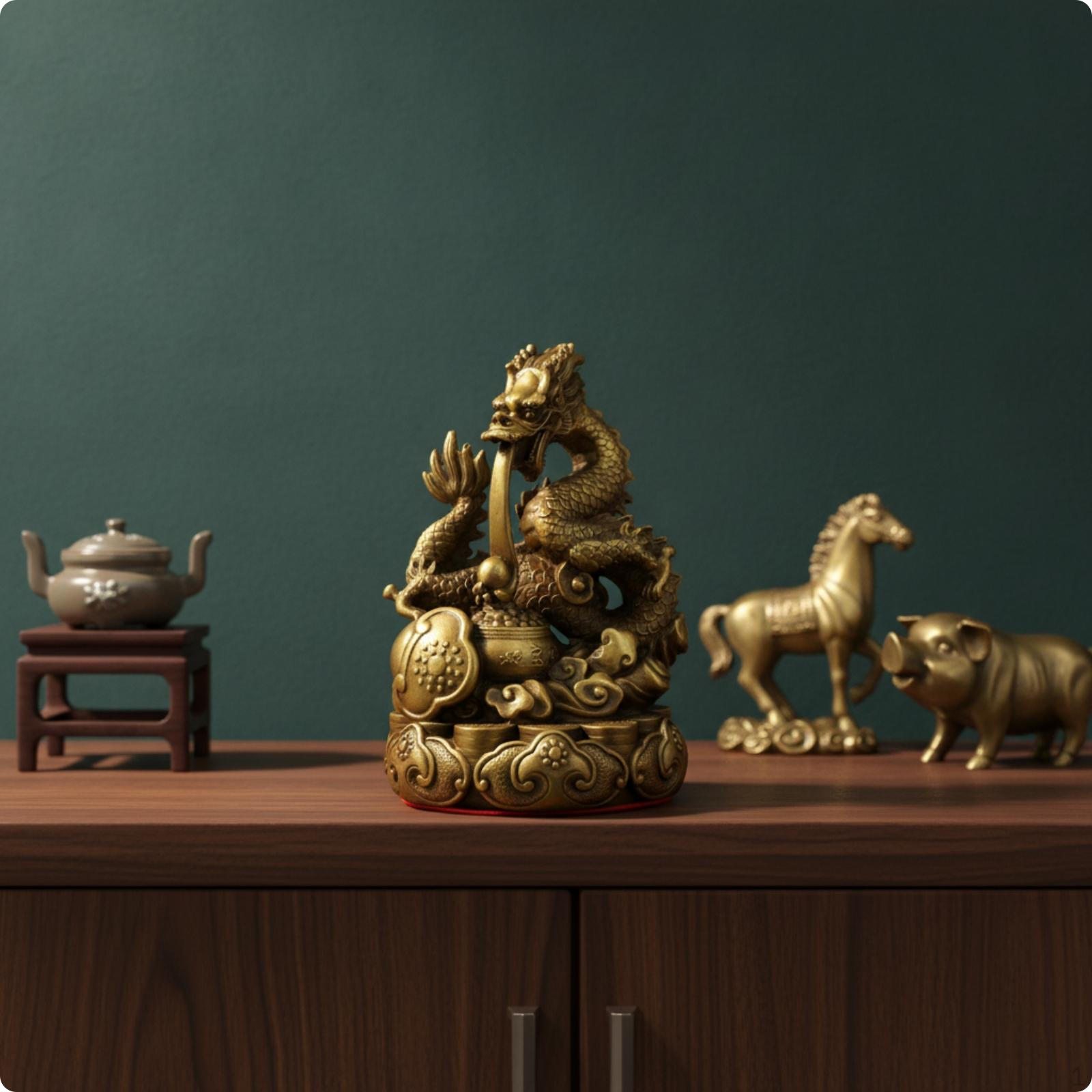 Brass animal Figurine Ornate Base Chinese Embossed Mist Pattern animalStatue 6 Inch
