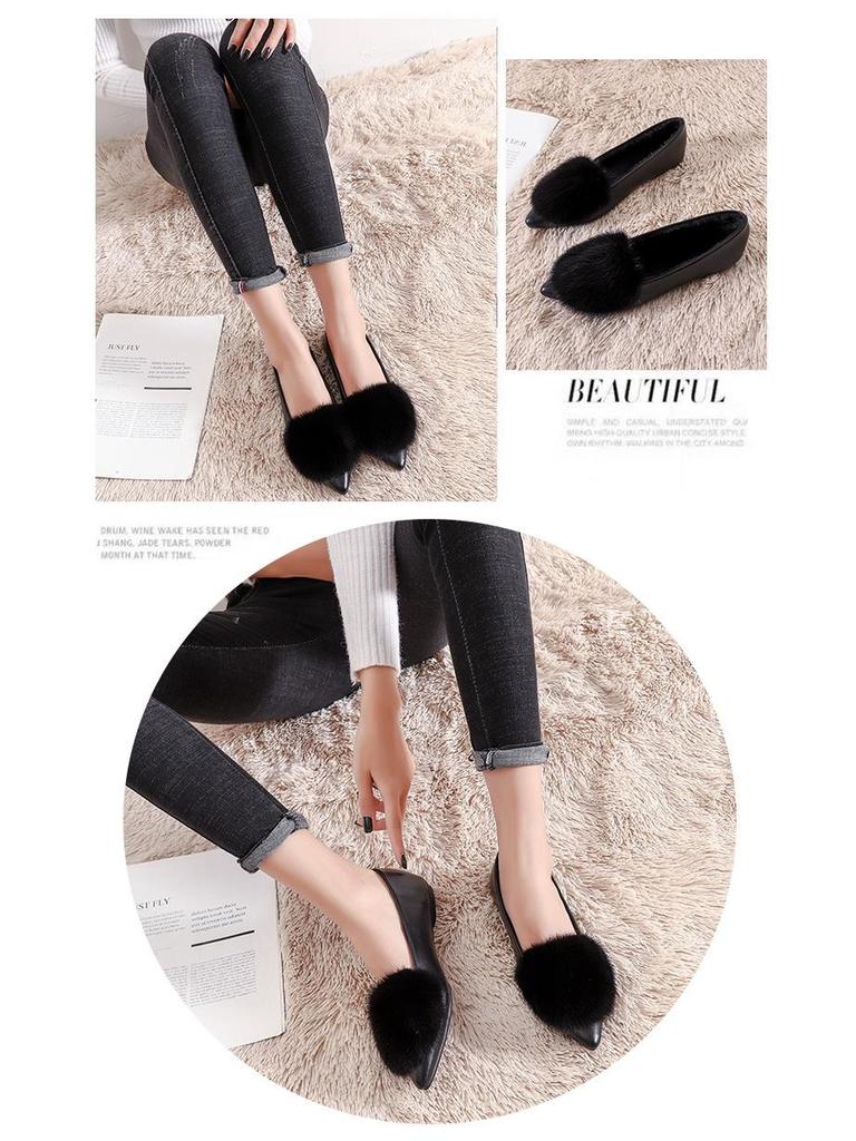 Damen 2025 Nerzfell Mokassins Loafer, Winter Samt Spitz Zehen Ballerinas, Große Größe 41