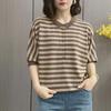 Womens Green Beige Stripe Knit T Shirt Casual Polo Neck 3/4 Sleeve Batwing Top