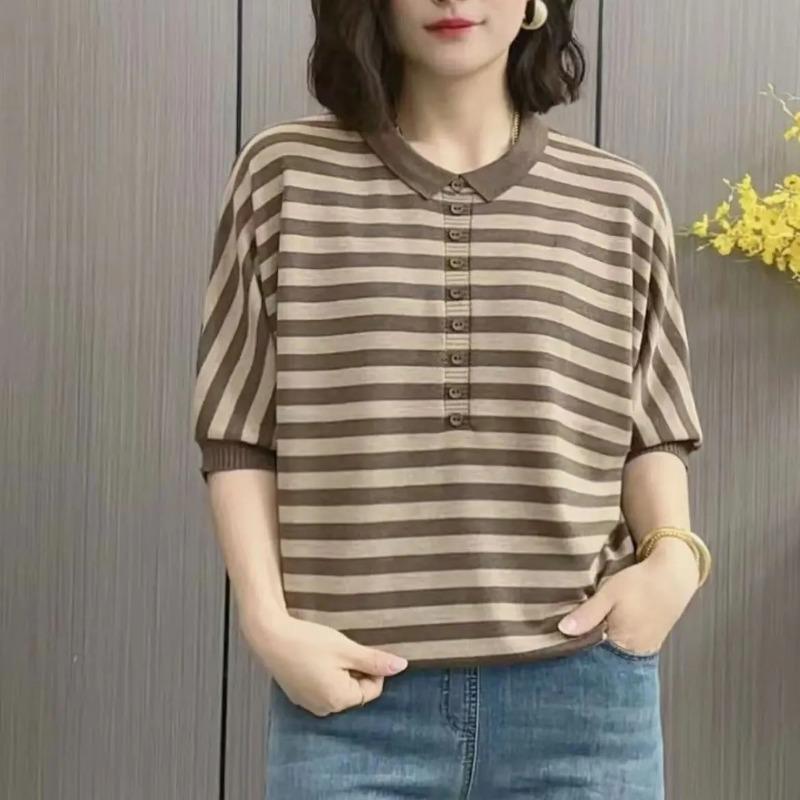Womens Green Beige Stripe Knit T Shirt Casual Polo Neck 3/4 Sleeve Batwing Top