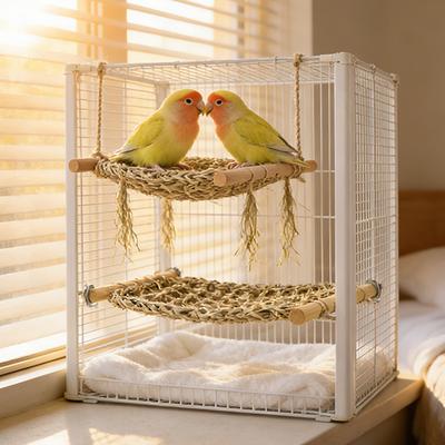 Parrot Rope Perch Stand Platform - Chew Climb Toy for Budgies Cockatiels | Woven Grass Platform Bird Cage Accessories