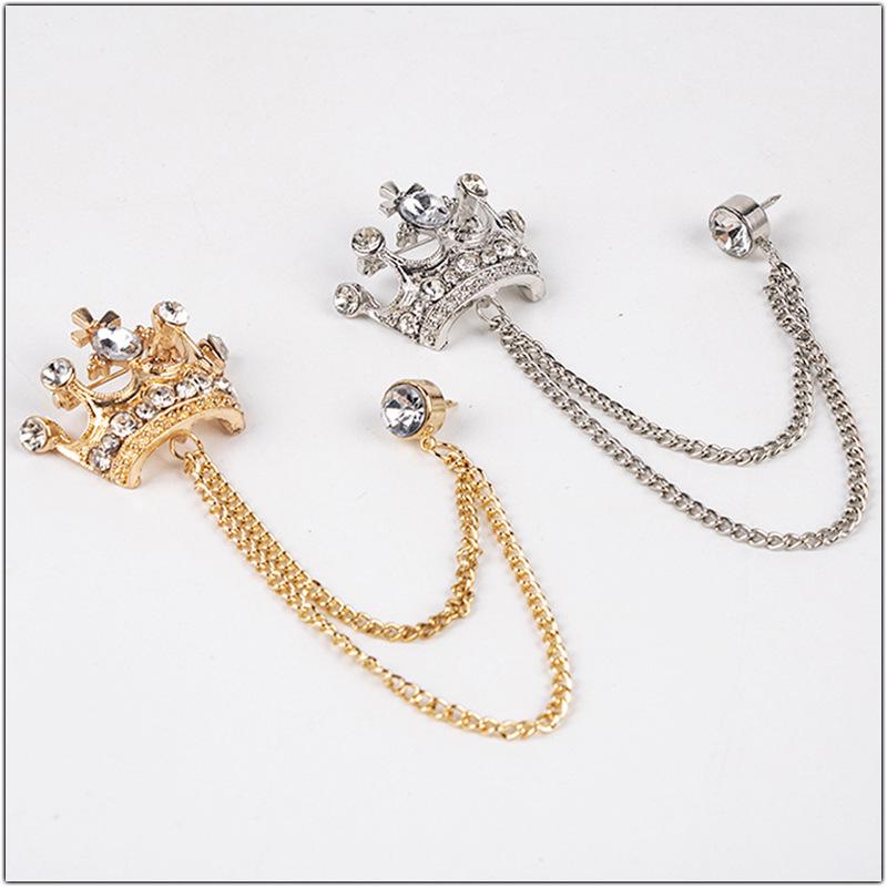 Silver Crown Brooch with Crystal Rhinestones and Double Layer Tassel