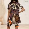 Women Plus Size Two Piece Set Crow Pumpkin Rose Print Round Neck Short Sleeve Split Top Knee Length Pants