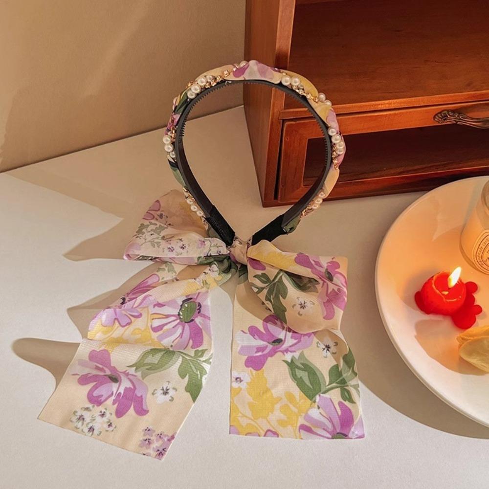 Adjustable Bow Ribbon Hairband Floral Print Hair Hoop Fashion Hair Bands  Boho Hair Accessory