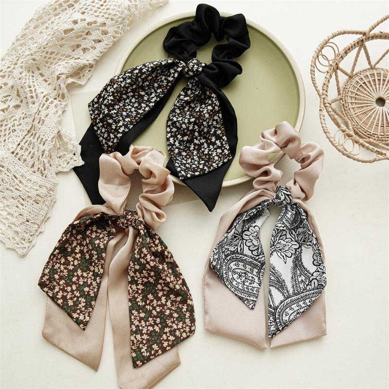 New Chinese Fashion Black White Flower Print Bow Ribbon Hair Ties Rope Rings Women Scrunchies Ponytail Elastic Hair Hairbands