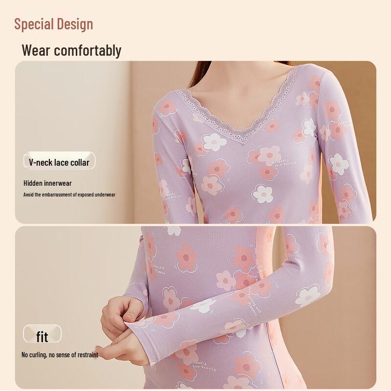 Damen Baumwolle Blumendruck Dünnes Thermounterwäsche-Set