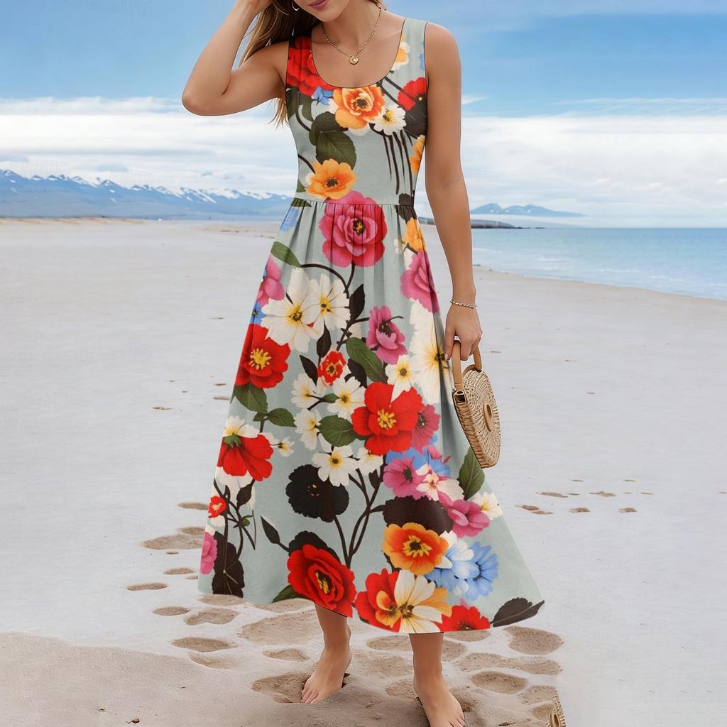 Ladies' floral summer casual and fashionable sleeveless long dress