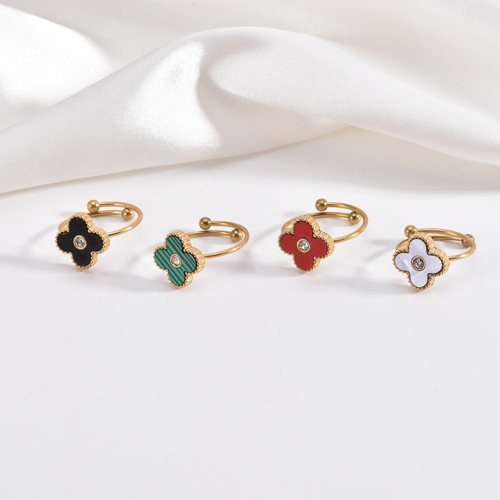 Classic Titanium Steel Four-Leaf Clover Ring Opening Adjustable Ring Ins Tide Models Net Red Ring Does Not Lose Colour Female Ring