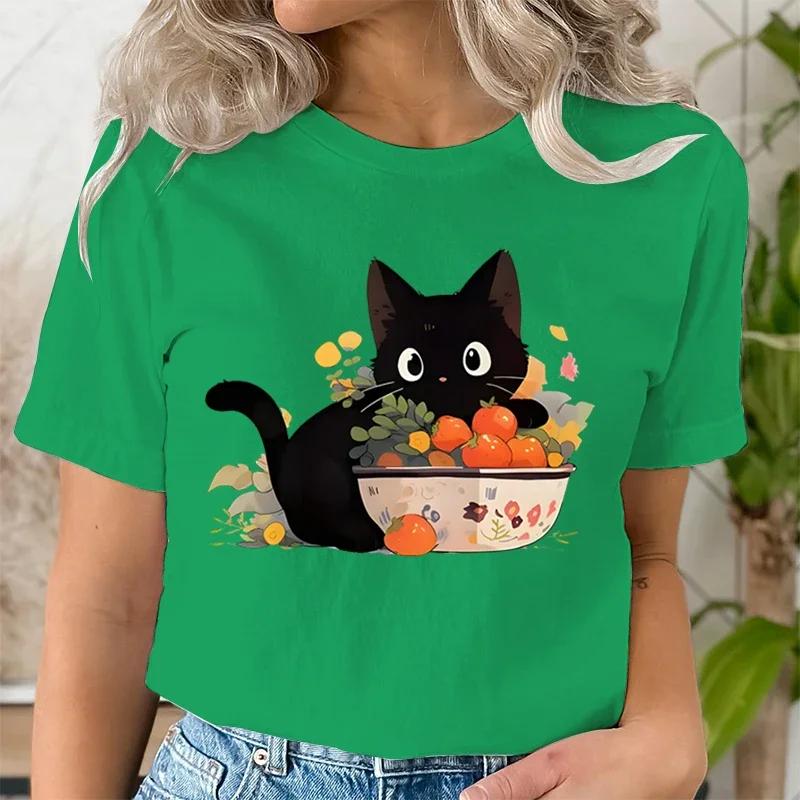 Женская футболка с принтом «Черная кошка и мандарин» — фото 4