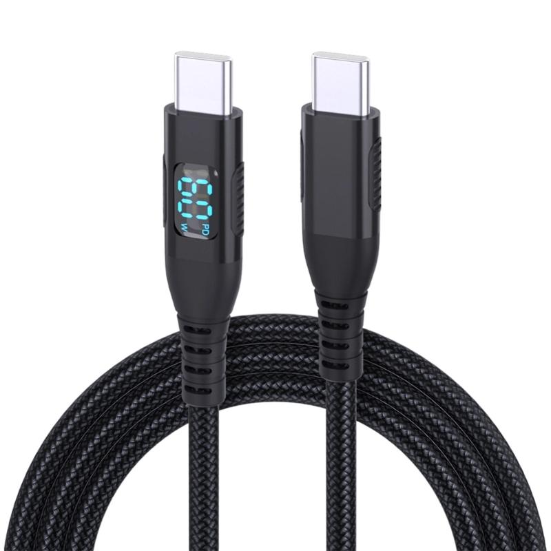 

Type C to Type C Digital Display Fast 60W/100W Charging Braided Cable Universal Over Current Over Voltages Protections чорний