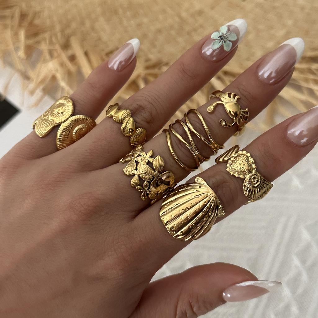 Stainless Steel Ocean Theme Open Ring Set for Women Unique Design Shell Starfish Conch Crab Stackable Finger Ring  Beach Jewelry