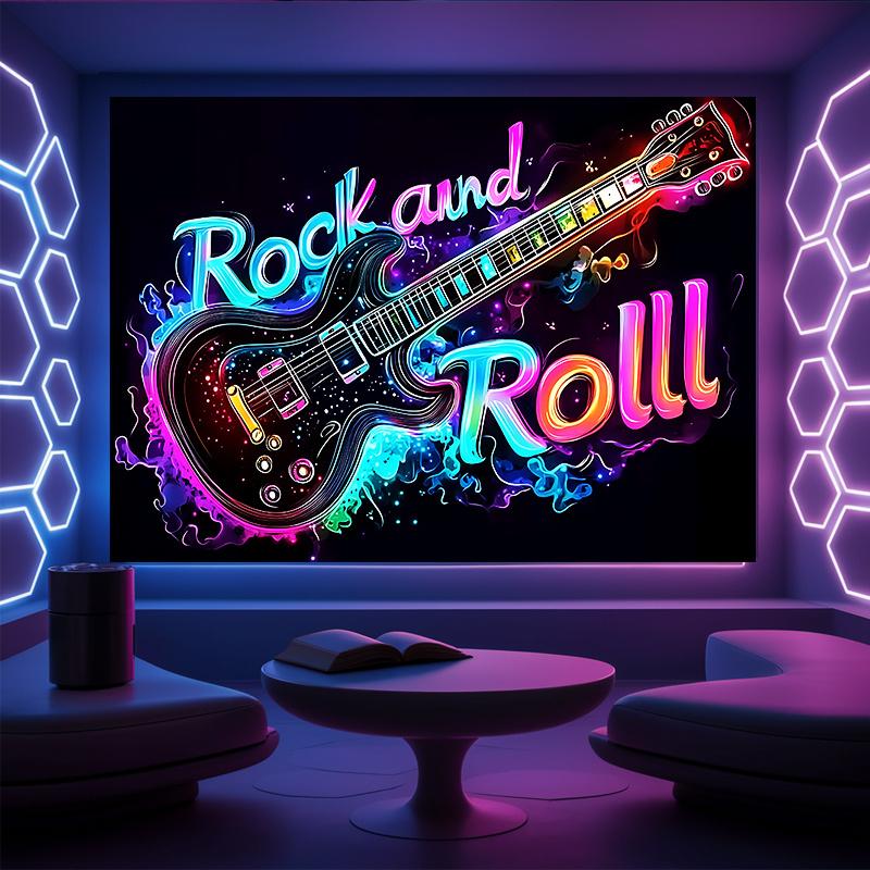 Neon Rock Guitar Tapestry Rock and Roll Background Cloth Bar Music Enthusiast Atmosphere Room Decoration 100X70CM