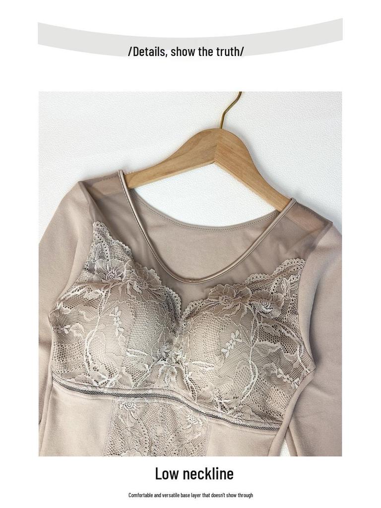 2025 Women's Slim-Fit Lace Long-Sleeve Heat-Generating Brushed Innerwear with Bra Pads