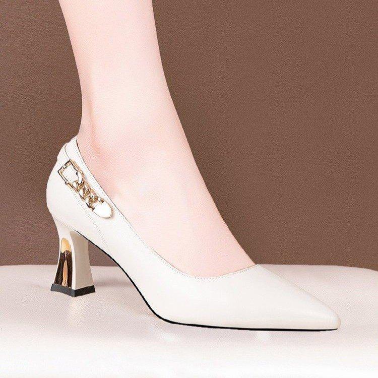 Fashion A Must - Have for Workplace Glamour! Black High Heels with Metal Buckle Decoration, Chunky Heel and Pointed Toe