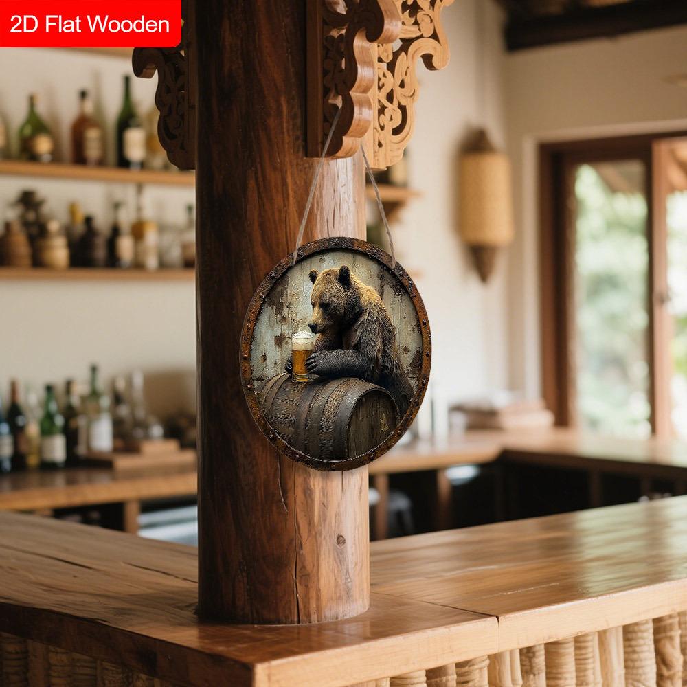 Wooden Sign with Bear & Beer Barrel Pattern - Unique Wall Pediments - Ideal for Front Door, Yard, Wall Decor