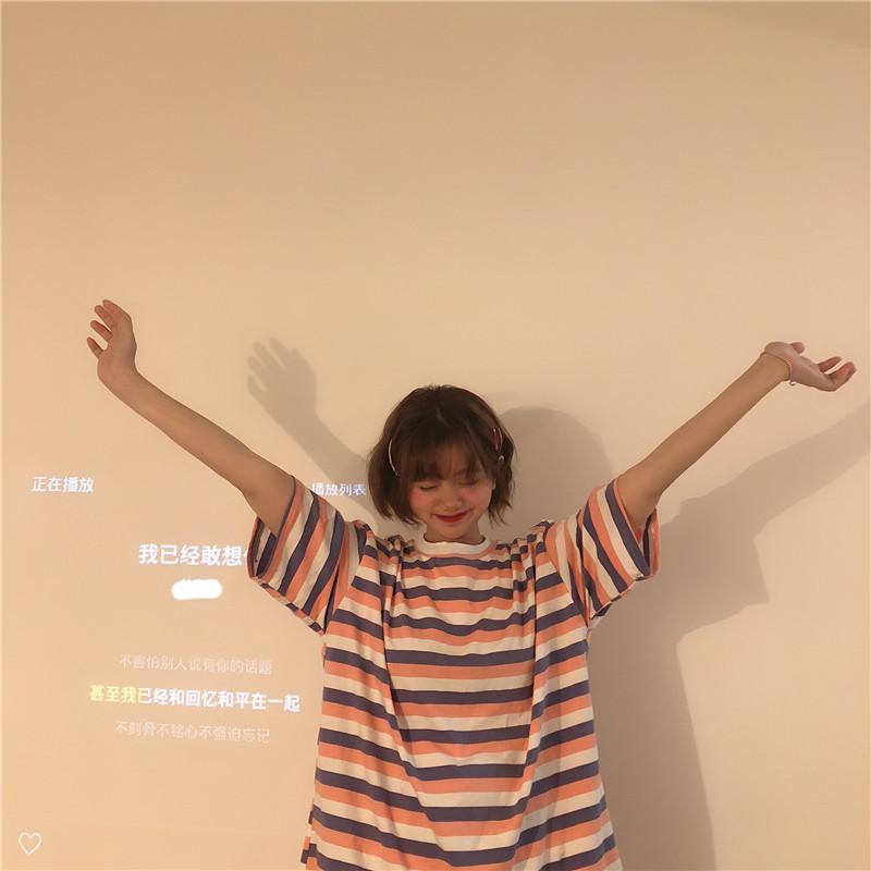 Summer Women's Colorful Stripes Casual Loose Short Sleeve Female T-shirt Y2k Tops Tees Women 90s T-shirts Harajuku Women T Shirt