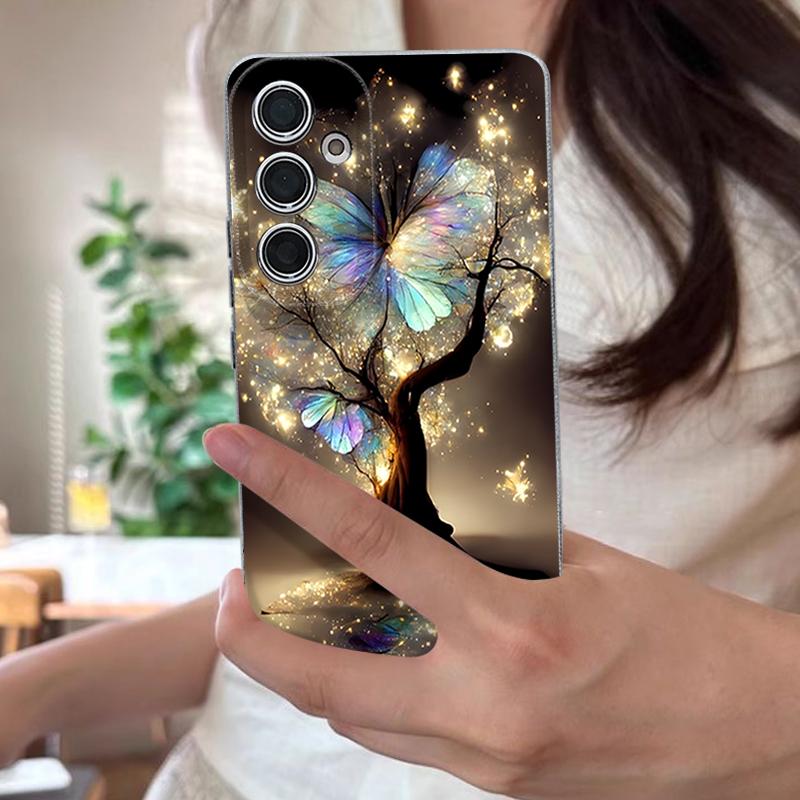 Shining Fantasy Tree Butterfly Pattern Case For Samsung Galaxy S26 Ultra S25 Edge S24 S23 S22 Plus S21 FE Leather Texture Silicone Cover