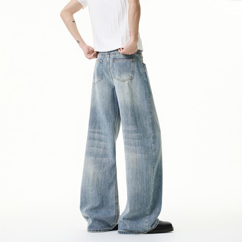 American Washed Bamboo Pattern Scimitar Jeans Men's High Street New Loose Retro Trendy Brand Straight Wide-leg Trousers