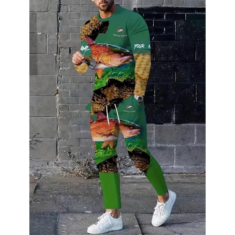 Herren Set 3D Karpfenangeln Druck Langarm Sportbekleidung T-Shirt+Hose 2-teiliges Set O-Ausschnitt Sweatshirt Jogginghose Sportbekleidung 2-teilige Anzüge