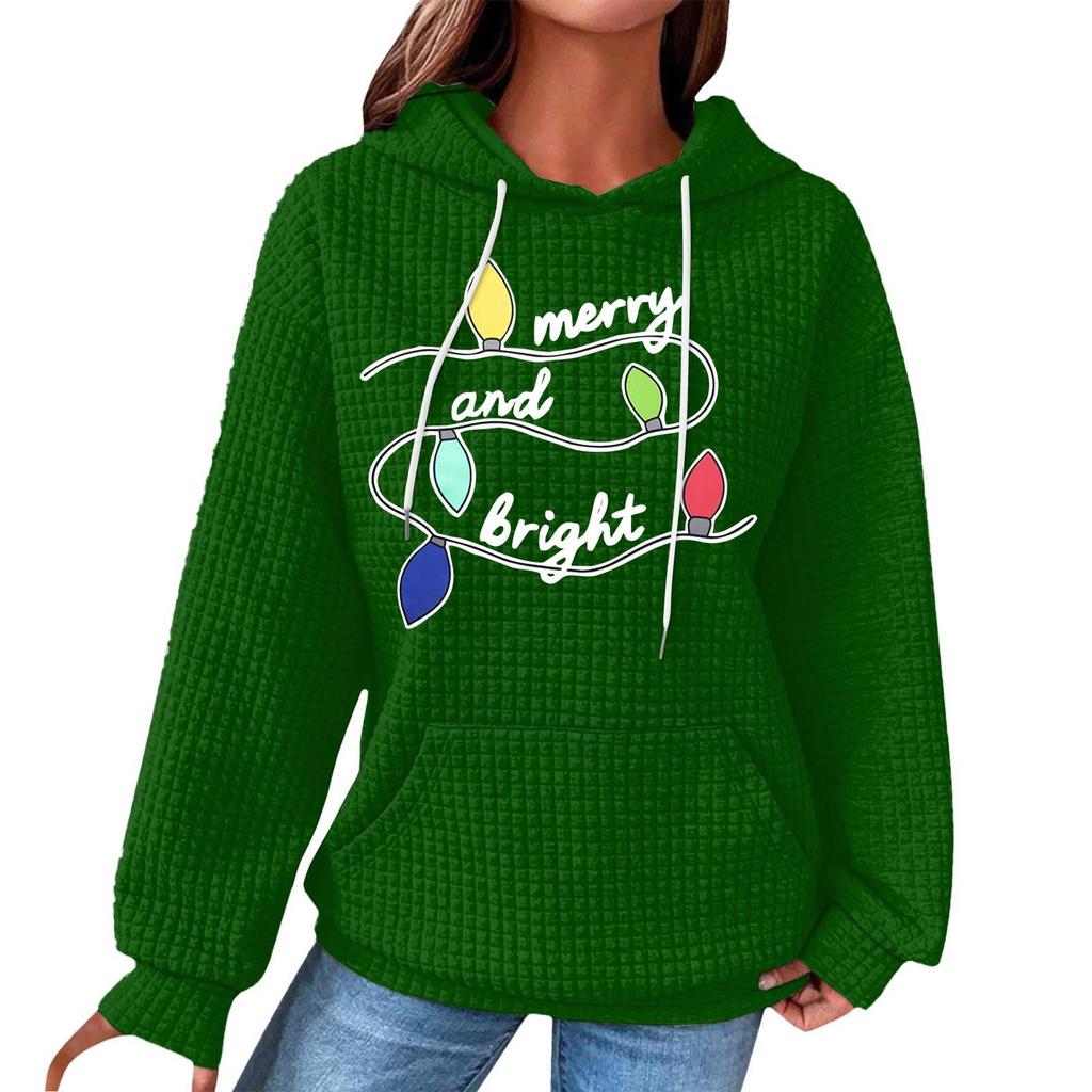 Women's Fashion Loose Hooded Pullover Long Sleeve Plaid Sweatshirt With Drawstring, Drop Shoulder, Pocket, Christmas Print Top