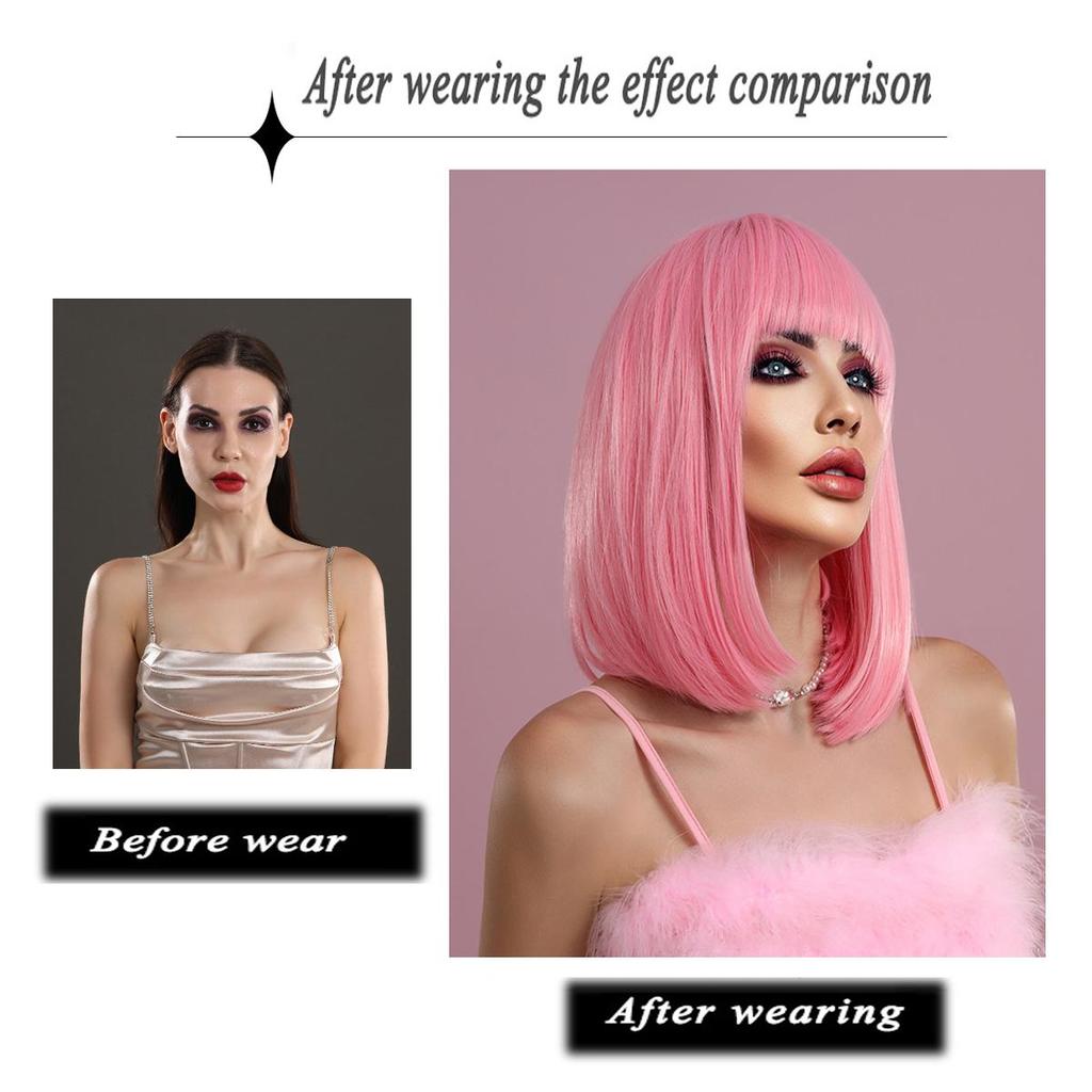 Women's Simulation Wig 36cm Hair Short Straight Wig Full Headgear Rose Hair Net Headdress Beauty Decoration Wig