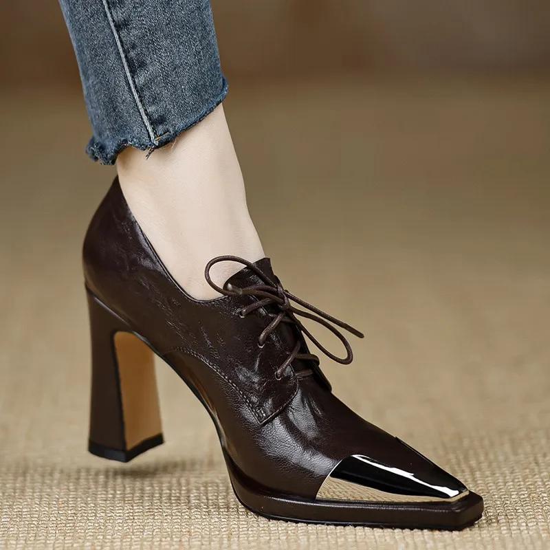 Shoes Women Lace Up Genuine Leather High Heel Pumps Female Low Top Metal Pointed Toe Wedding Party Ankle Boots Casual Shoes