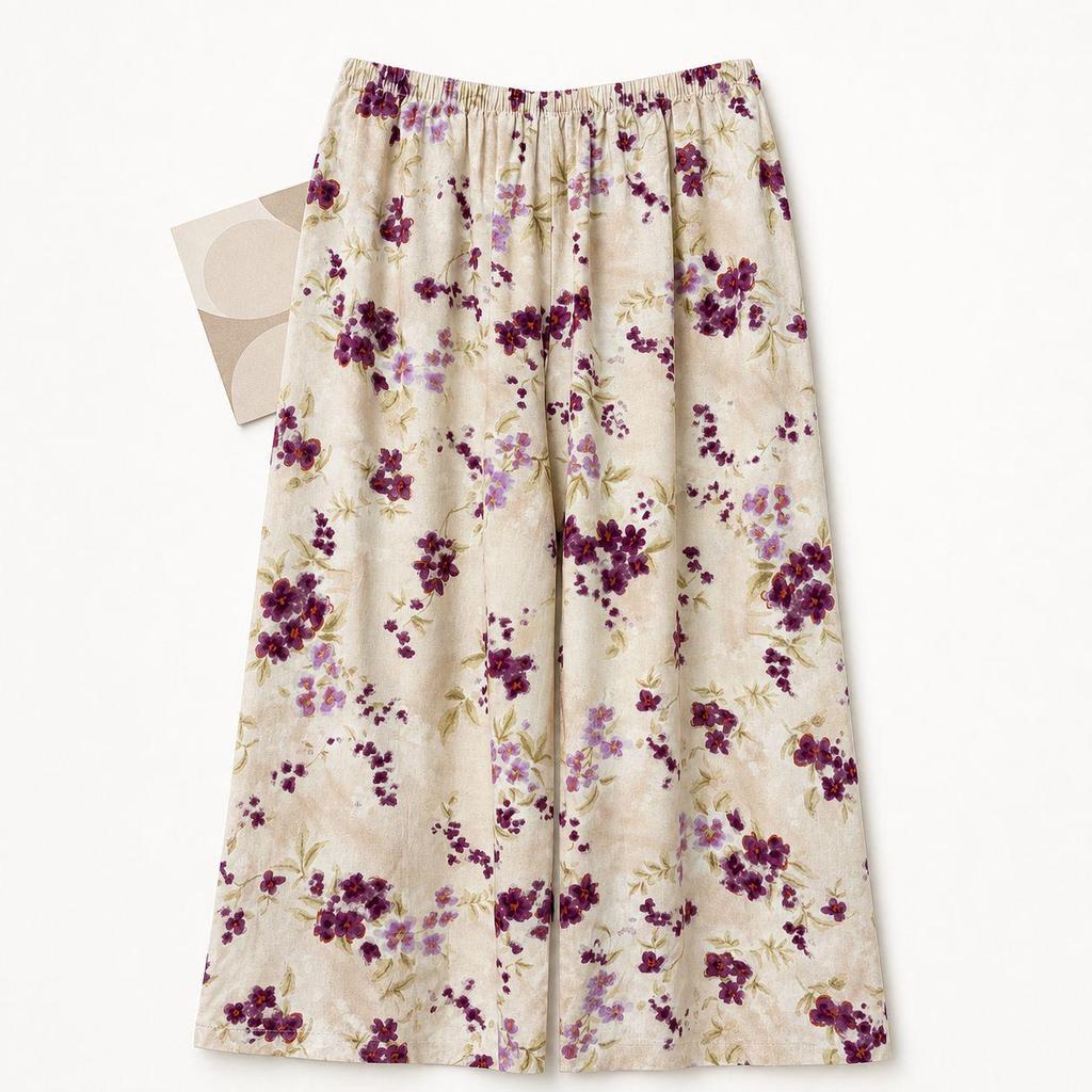 Women's Cotton Silk Cropped Pajama Pants, Summer Thin Loose Pastoral Style, Ditsy Floral, Wear Indoors or Out.