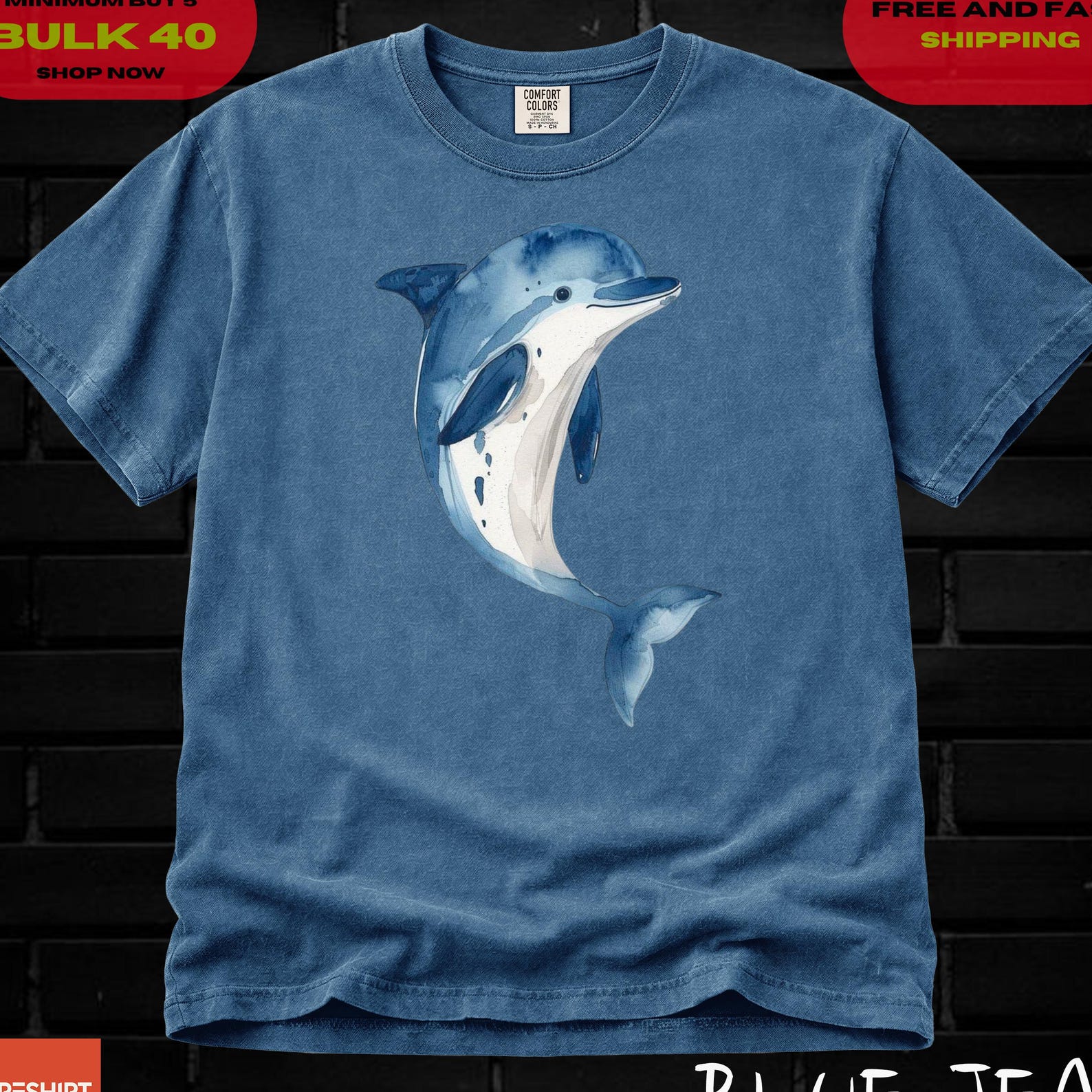 Blue Watercolor Dolphin T-Shirt | Sea Animals 90s Vintage Style Tshirt, Ocean Creature Retro Y2k Ocean, Sealife, Whale, Orca, Dolphin Shirt M