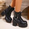 Platform Booties Fashion Round Toe Rivet Metal Buckle Soft Sole Anti-Slip Wear-Resistant High Heels
