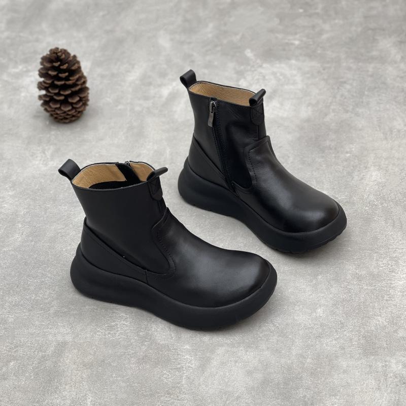 

Fashion GKTINOO 2025 Autumn/Winter New Handmade Cowhide Thick Soled Short Boots Retro Round Toe Genuine Leather Women s Boots 35