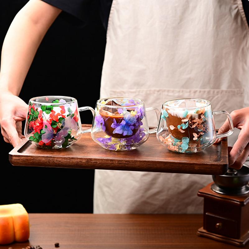 200ml Double Wall High Borosilicate Clear Glass Cup Dried Flowers Glass Tea Cup Coffee Mug with Handle Heat Resistant Tea Cups