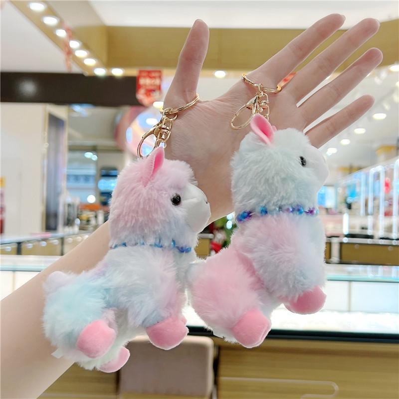 Fluffy Gradient Stuffed Alpaca Keychain Plush Durable Metal Clasp Cute Bag Charm for Daily Wear Accessory