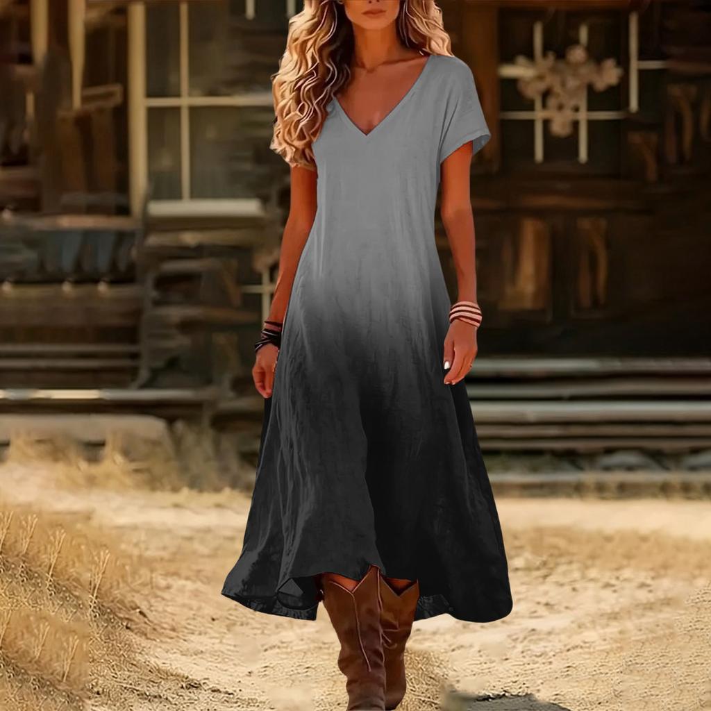 Modisches Damen Sommer V-Ausschnitt Kurzarm Farbverlauf Bedrucktes Strandkleid