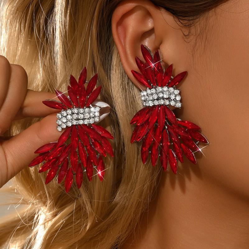 Elegant Rhinestone-Embellished Wheat Ear Cuff Earrings Women Alloy Stainless Steel Studs Gold Red Options
