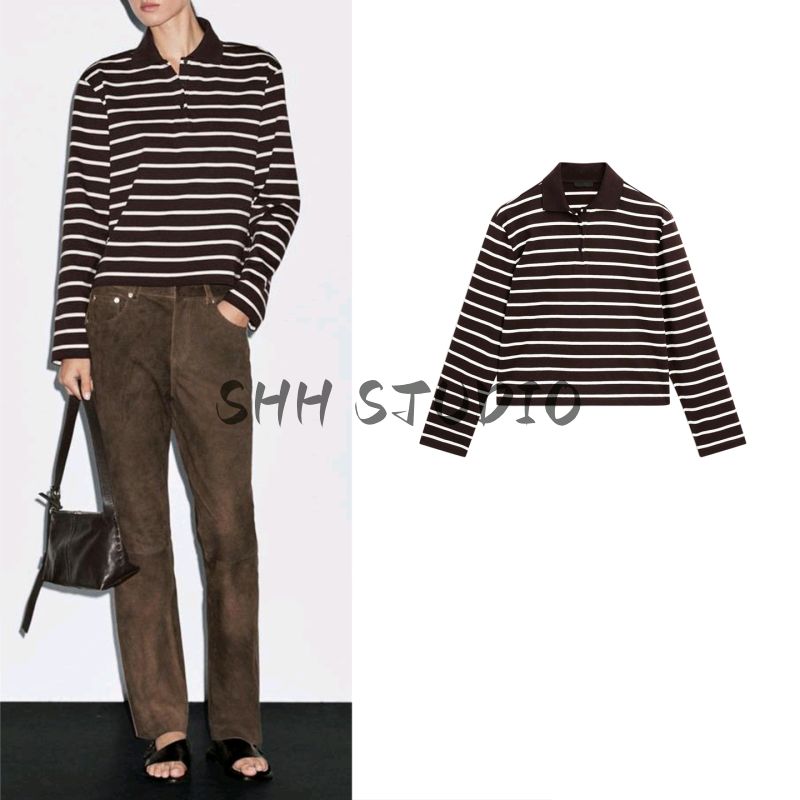 MD Early Autumn New Women clothes Retro Navy Style Short Top Stripe Long sleeve Knitted Polo Shirt 6210112