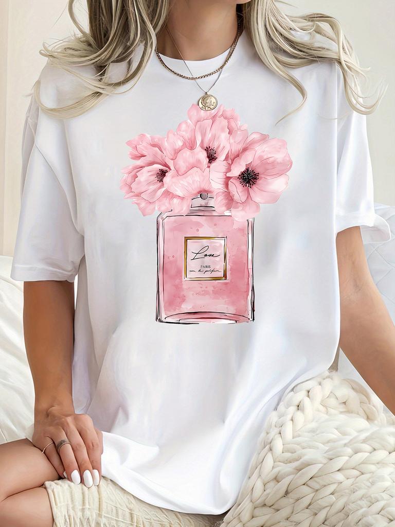 European Size Chic Floral Perfume Print Women's T-Shirt - Casual Short Sleeve, Comfortable Summer Top, Machine Washable