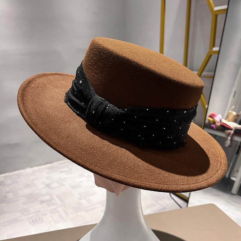 French Rhinestone Satin Top Hat Children Elegant Personality Woolen Hepburn Big Edge Flat Hat Jazz Hat