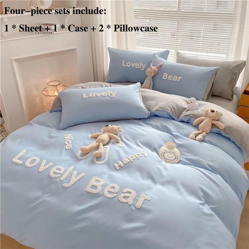 Milk Velvet Bed Four-piece Bed Single Suitbed Bedding Small Bear Model Princess Style Home Bedding