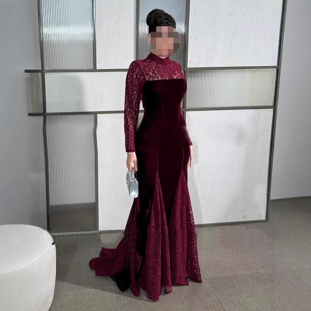 Fall Winter Women's Vintage Elegant Velvet Long Sleeve Lace Patchwork Round Neck Evening Party Dress