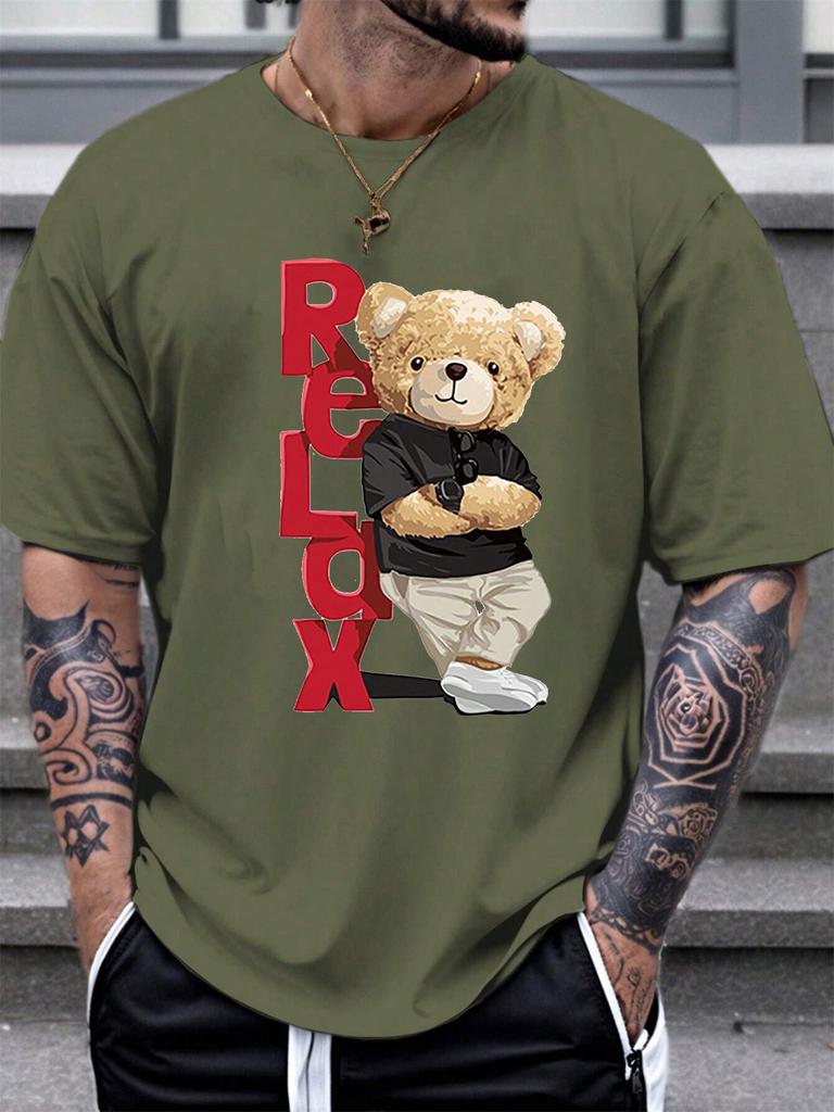 Men's Summer 100% Polyester Fashionable Casual Loose Large Size Letter Bear Printed Sports Round Neck Short Sleeve T-shirt Top