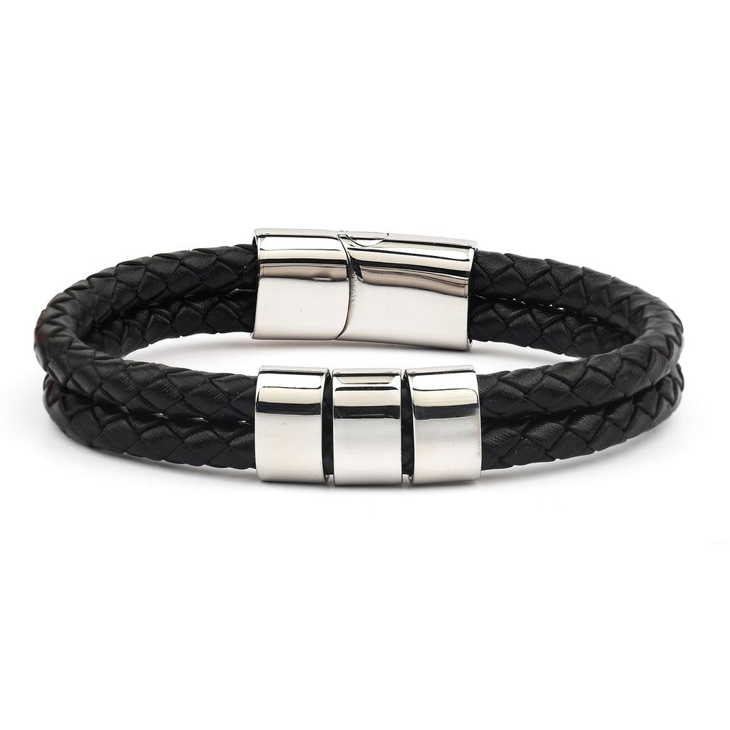 Men's Leather Bracelet Magnetic Tail Buckle Stainless Steel Positioning Ring Engraved Father's Day Gift Double Leather Bracelet