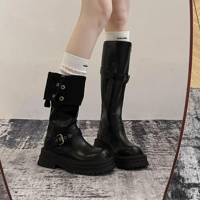 Long Boots  Autumn New Item Thick Sole Versatile Height Increasing Lapel Knight Boots For Women