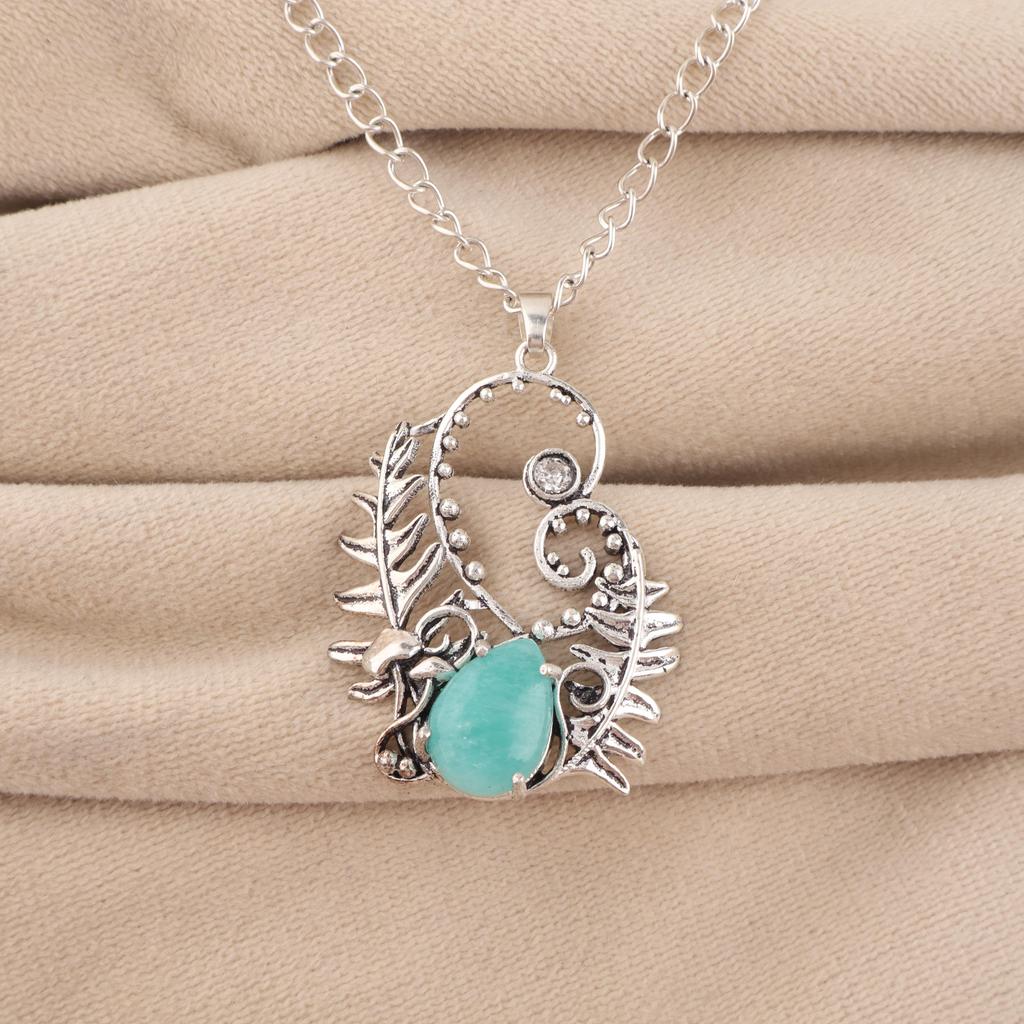 Natural Amazonite Gemstone 925 Sterling Silver Women Wedding Jewelry Good-Luck Pendant 1.8" CP-42-23